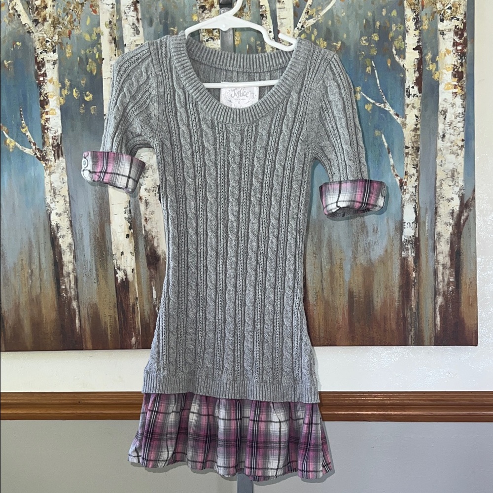 Justice Gray Cable Knit Sweater Dress with Plaid Accents